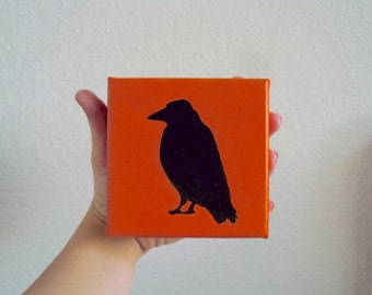 Spooky Raven Silhouette Painting - Orange & Black Halloween Crow Decoration