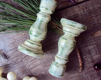 Little Shabby Cottage Chic Distressed Candlesticks - Two Tiny Chime Candle Holders - White & Green Mini Candle Sticks - Rustic Wedding Favor