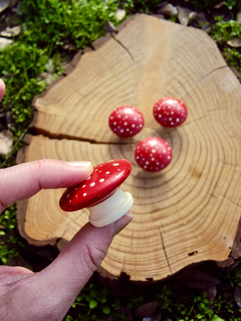 Hand Painted Mushroom Furniture Knobs Wooden Dresser Drawer Knob Decorative Fairy Door Knob Wood Polka Dot Cupboard Knob 1 3/4 Knob image 7