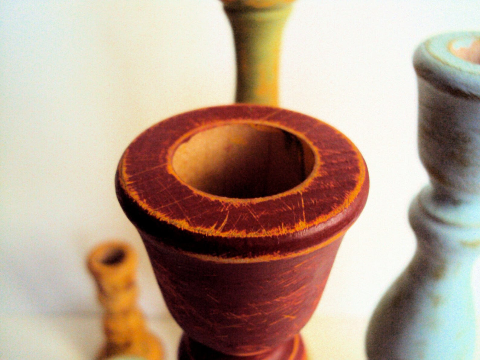 Shabby Distressed Wooden Candlesticks Set Rustic Wood Candle Etsy