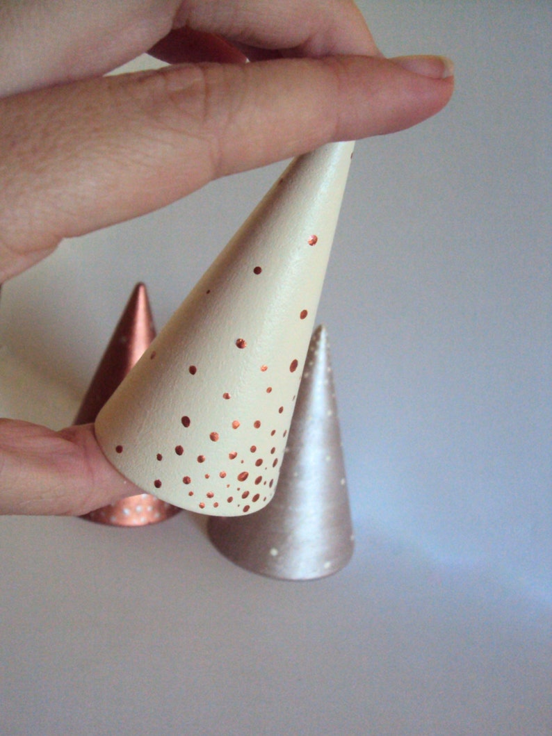 Minimal Holiday Decor Modern Metallic Ring Display Mantel Decorations Miniature Wood Cone Tree Set of 3 Minimalist Ring Cone Holders