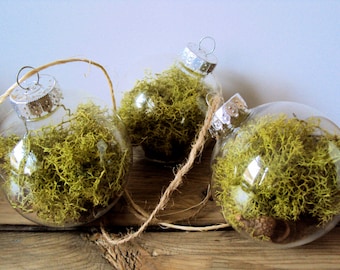 Set of 3 Moss Bauble Ornaments - Woodland Spring Wedding Decor - Rustic Fairy Orbs - Photo Backdrop - Hanging Christmas Tree Ball Decoration