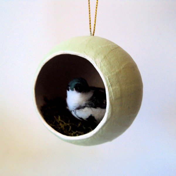 Little Paper Mache Bird Ornament - Rustic Spring Decor - Mint Green Tree Decoration Fairy Ball - Nature Mossy Orb