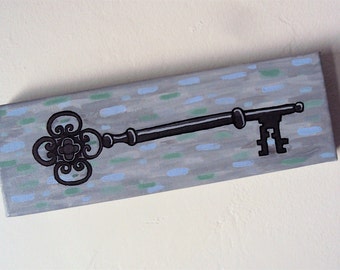 Skeleton Key Painting - Old Keys Home Decor - Modern Gothic Impressionist Long Painting - Industrial Chic Decor - Gray Blue Green Wall Art