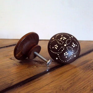 Set of Two Bohemian Knobs - Brown + White Wood Cabinet Cupboard Knobs - Floral Wooden Dresser Drawer Knobs - Stained Boho Flower Dot Knobs