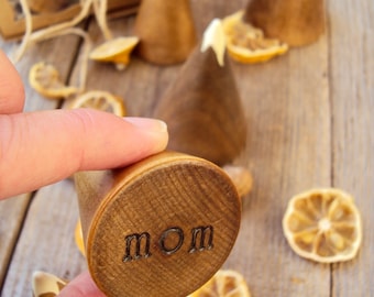 Stamped Mom Mountain Ring Cone - Women's Wedding Ring Holder - Minimal Mother's Day Gift - Wood Engagement Ring Display - Rustic Minimalism