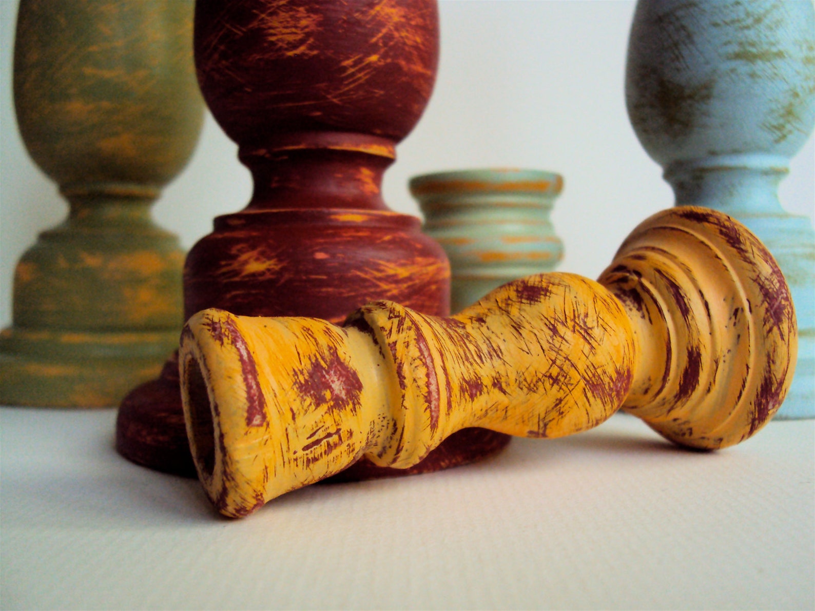 Shabby Distressed Wooden Candlesticks Set Rustic Wood Candle Etsy