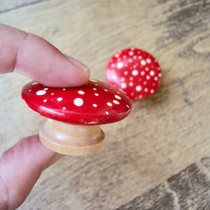 Mushroom Dresser Door Knobs - Wooden Toadstool Drawer Pulls - Handpainted Polka Dot Fairy Wood Cabinet Cupboard Knobs - Cottagecore Knob Set