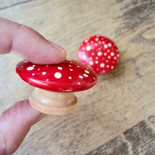 Mushroom Dresser Door Knobs - Wooden Toadstool Drawer Pulls - Handpainted Polka Dot Fairy Wood Cabinet Cupboard Knobs - Cottagecore Knob Set