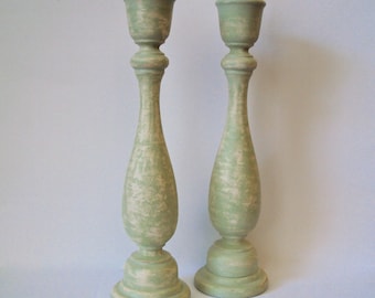 Shabby Spring Cottage Chic Candlesticks - Primitive Pastel Easter Table Decor - Mint Green White Wood Taper Candle Holders - Farmhouse Decor