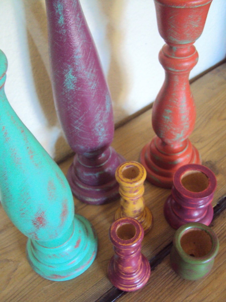 Distressed Wood Candlesticks Set Colorful Boho Decor Seven Etsy