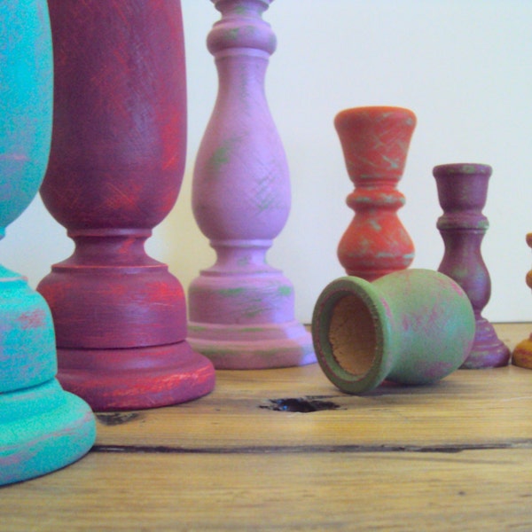 Distressed Wood Candlestick Set - Colorful Boho Decor - 7 Piece Bohemian Decor - Wooden Boho Hippie Candle Holders - Gypsy Table Centerpiece