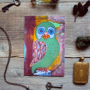 Tarjeta de arte de búho caleidoscopio - Postal 4 x 6 - Estacionario único - Pequeña impresión de pintura - Arte de búho boho brillante - Tarjeta abstracta moderna