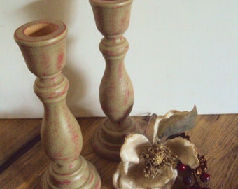 Distressed Wooden Candlesticks - Rustic Farmhouse Mantel Decor - Primitive Christmas Taper Candle Holder - Shabby Country Chic Table Decor