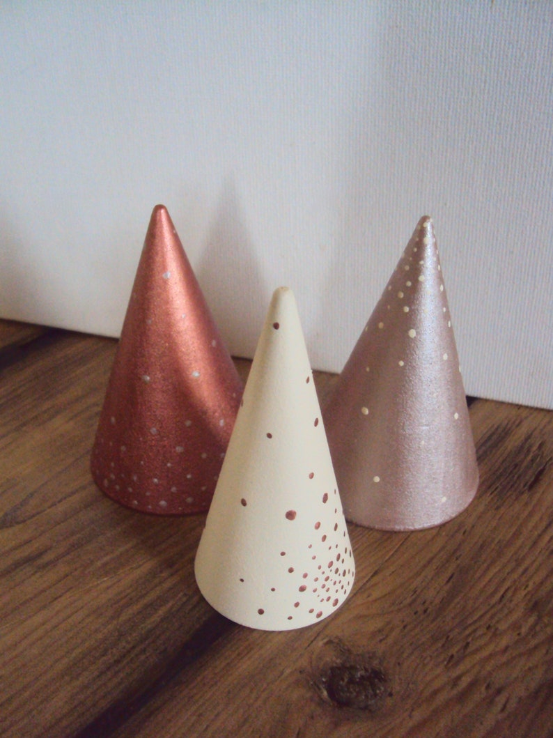 Minimal Holiday Decor Modern Metallic Ring Display Mantel Decorations Miniature Wood Cone Tree Set of 3 Minimalist Ring Cone Holders