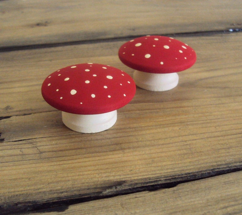 Hand Painted Mushroom Furniture Knobs Wooden Dresser Drawer Knob Decorative Fairy Door Knob Wood Polka Dot Cupboard Knob 1 3/4 Knob image 4