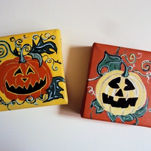 Halloween Folk Art Decor - Set of Two Jack O Lantern Paintings - Primitive Autumn Decoration - Spooky Carved Pumpkins - Cute Fall Wall Art