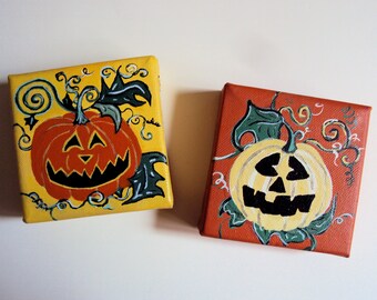 Halloween Folk Art Decor - Set of Two Original Jack O Lantern Paintings
