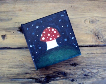 Midnight Mushroom Painting - Woodland Fungi Decor - Whimsical Fairy Toadstool & Stars - Nature Wall Art - Small Folk Art Canvas Painting
