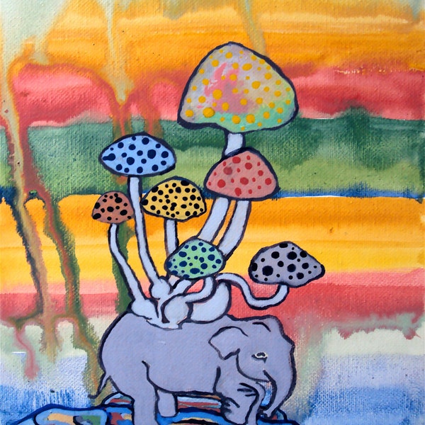 Elephant Mushroom Whimsy - Archival Art Print - Quirky Whimsical Nursery Wall Art - Hipster Decor - Colorful Psychedlic Rainbow