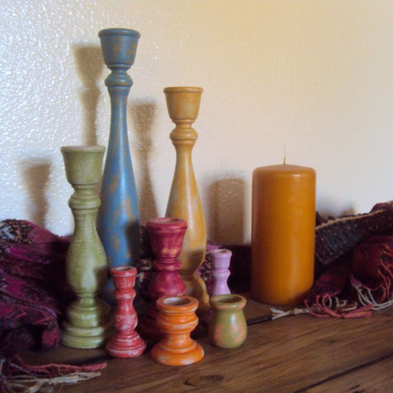Distressed Bohemian Candlestick Set Boho Bedroom Decor Summer Gypsy Decor 8 Piece Wooden Candle Holder Set Hippie Decorations