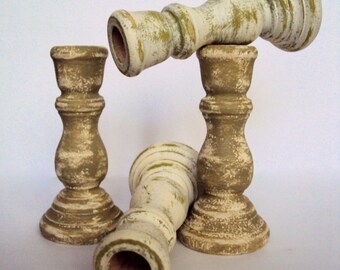 Tiny Shabby Distressed Candlesticks - Set of 4 Little Chime Candle Holders - White Green Miniature Candle Sticks - Rustic Cottage Chic Decor