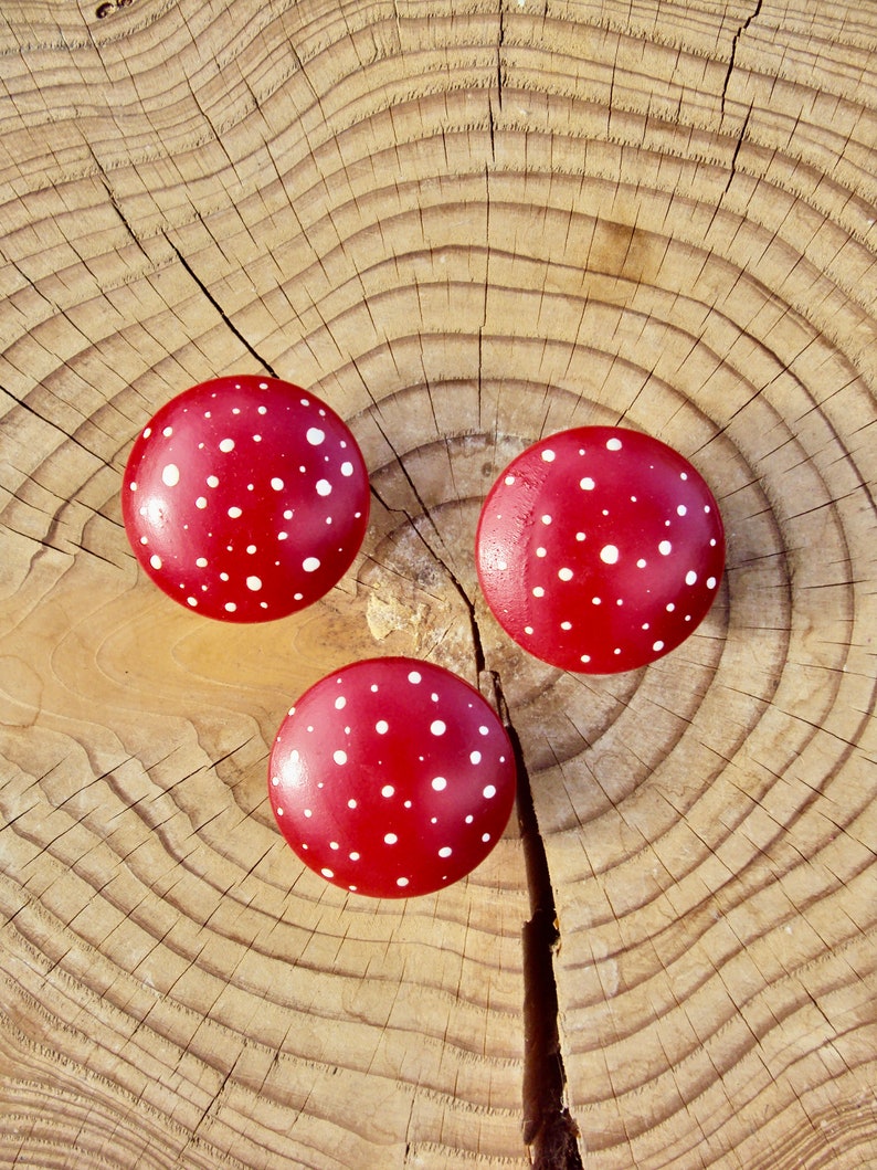 Hand Painted Mushroom Furniture Knobs Wooden Dresser Drawer Knob Decorative Fairy Door Knob Wood Polka Dot Cupboard Knob 1 3/4 Knob image 6