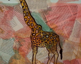 Pastel Giraffe Collage - Whimsical Nursery Art - Pastel Newsprint Wall Decor - Quirky Children's Animal Art - Primitive Chic Living Room Art