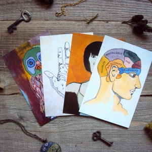 Juego de cuatro postales, papelería única, tarjetas de arte boho, juego de impresiones coloridas de 4 x 6, juego de papelería para correo postal, decoración de dormitorio boho hippie
