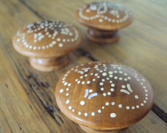 Set of Bohemian Knobs - Golden Brown Wood Cabinet Cupboard Knobs - Rustic Floral Wooden Dresser Drawer Knobs - Small Indian Boho Dot Knobs