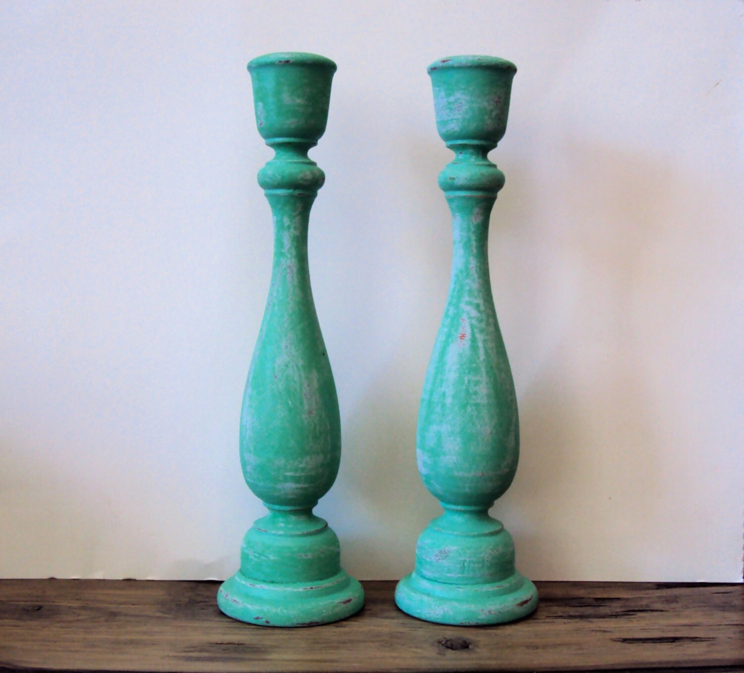 Bohemian Distressed Candlesticks Set of 2 Tall Teal Etsy