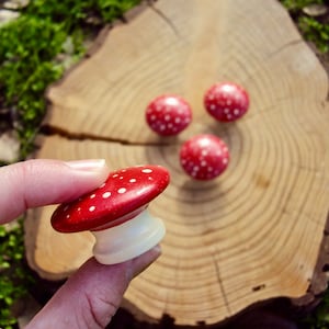 Hand Painted Mushroom Furniture Knobs Wooden Dresser Drawer Knob Decorative Fairy Door Knob Wood Polka Dot Cupboard Knob 1 3/4 Knob image 3