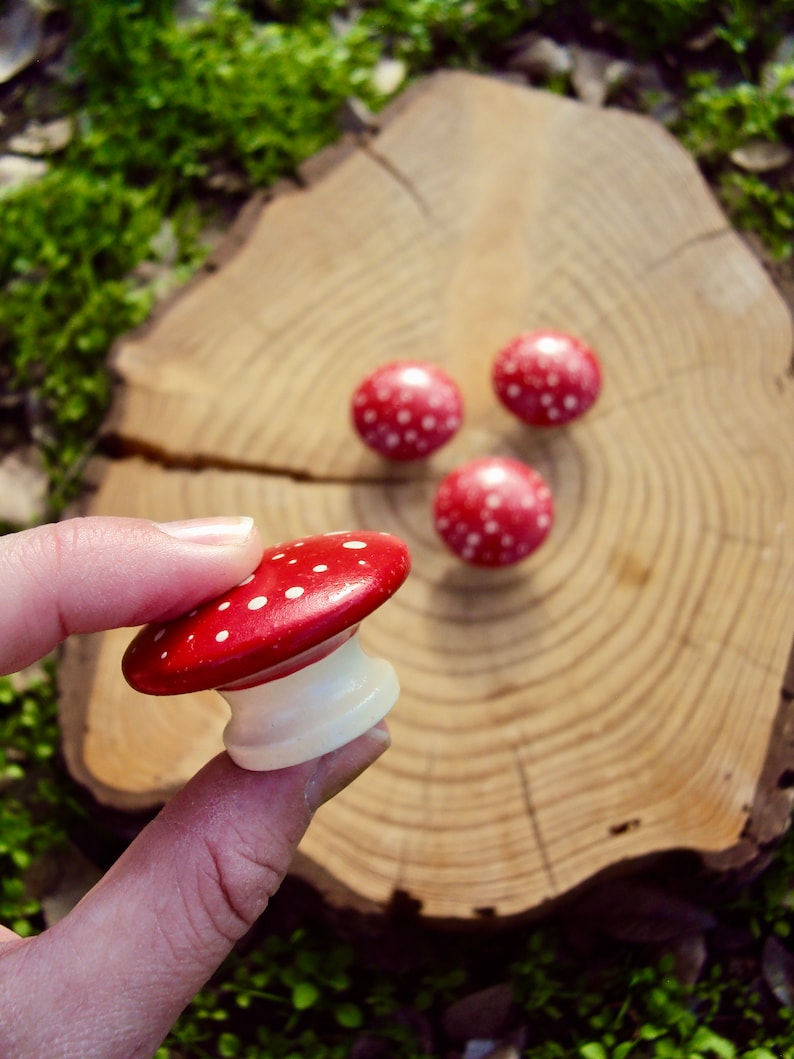 Hand Painted Mushroom Furniture Knobs Wooden Dresser Drawer Knob Decorative Fairy Door Knob Wood Polka Dot Cupboard Knob 1 3/4 Knob image 3