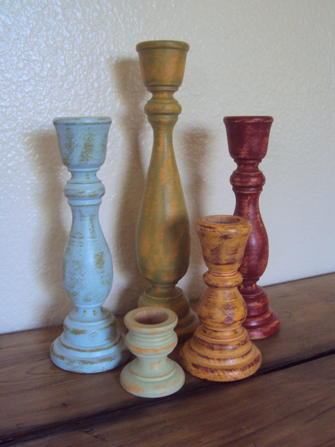 Distressed Wooden Farmhouse Candlestick Set Rustic Chic Wood Etsy