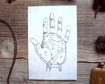 Palmistry Chart Postcard - Mystical 4 x 6 Art Card - Astrology Halloween Card - Spooky Victorian Tarot Hand - Gothic Occult Cabinet Curio