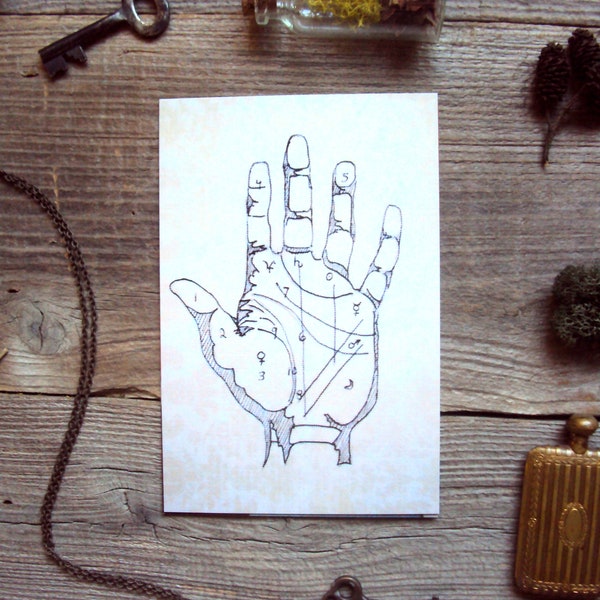 Palmistry Chart Postcard - Mystical 4 x 6 Art Card - Astrology Halloween Card - Spooky Victorian Tarot Hand - Gothic Occult Cabinet Curio