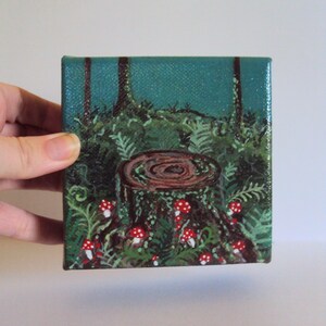 Woodland Mushroom Fern Painting - Tiny Woodland Decor - Whimsical Fairy Toadstools in Enchanted Forest - Nature Wall Art - Stump Fungi Decor