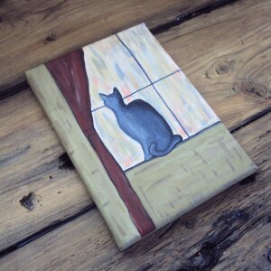 Kitty in Window Original Acrylic Painting - Cat Lover Gift - Minimal Pastel Decor - Modern Neutral Wall Art - Small 5 x 7 Canvas Wall Decor