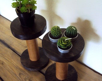 Two Industrial Wooden Spools - Indoor Plant Stands - Primitive Mantel Decor - 8" Wood Pillar Candle Holders - Rustic Farmhouse Centerpiece