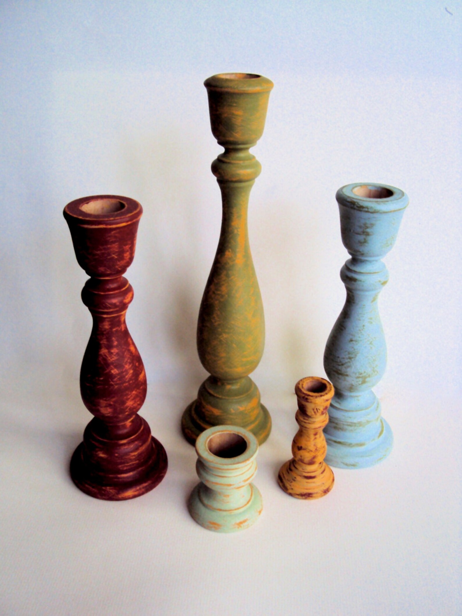 Shabby Distressed Wooden Candlesticks Set Rustic Wood Candle Etsy