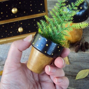 Handpainted Wooden Pot - Rustic Minimalist Windowsill Shelf Decor - Modern Minimal Folk Art - Gold Black Polka Dot Wood Tiny Succulent Pot