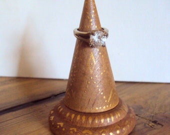 Bohemian Ring Cone Stand - Boho Ring Display - Wood Wedding Ring Holder - Wooden Morroccan Ring Tree - Gold Indian Folk Art Motif Sink Decor