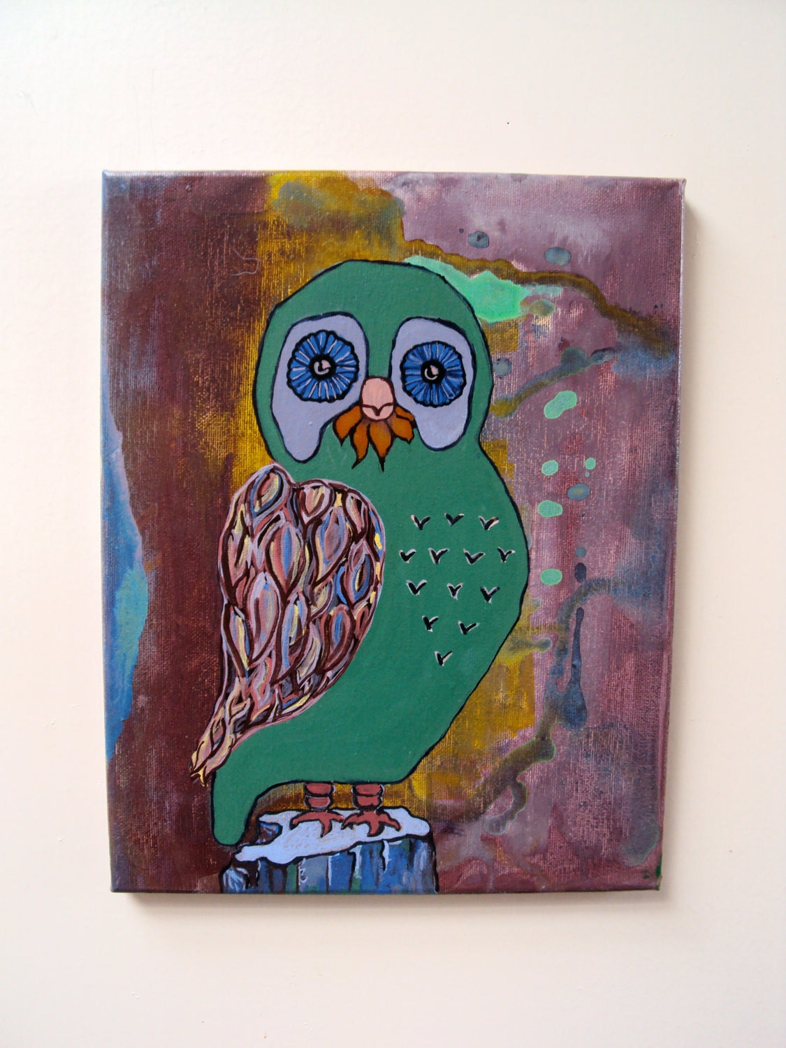 11 x 14 Original Kaleidoscope Owl Painting - Whimsical Nursery Wall Art Decor