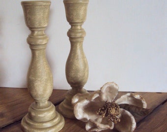 Pair of Shabby Distressed Candlesticks - Rustic Chic St Patrick Day Decor - Sage & Cream Cottage Candle Holders - Wedding Table Decorations