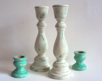Primitive Distressed Candlestick Holders - Spring Easter Decor - Shabby Cottage Chic White & Teal Table Decoration - Turquoise Mantel Decor