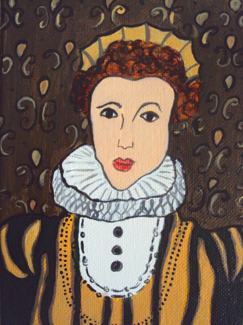 Original Acrylic Painting of an Elizabethan Woman Queen Elizabeth Tudor Portrait Modern Folk Art Renaissance Lady Regency Figure image 3