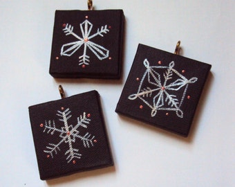 Minimalist Snowflake Ornaments - Set of 3 Handpainted Canvas Ornament - Modern Minimal Christmas Decor - Metallic Winter Holiday Decorations