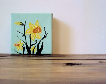 Small Cottagecore Art, Daffodil Painting - December Birth Flower Gift - Cottage Witch Wall Art - Narcissus Flora Easter Ostara Spring Decor