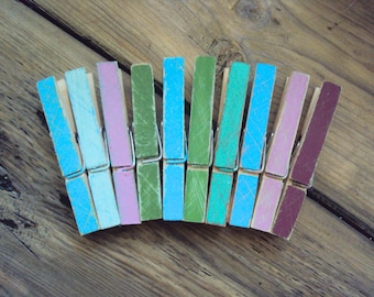 Distressed Wood Clothespins - Set of 10 Bohemian Photo Holders - Colorful Dorm Wall Decoration - Shabby Boho Decor - Decorative Photo Clips