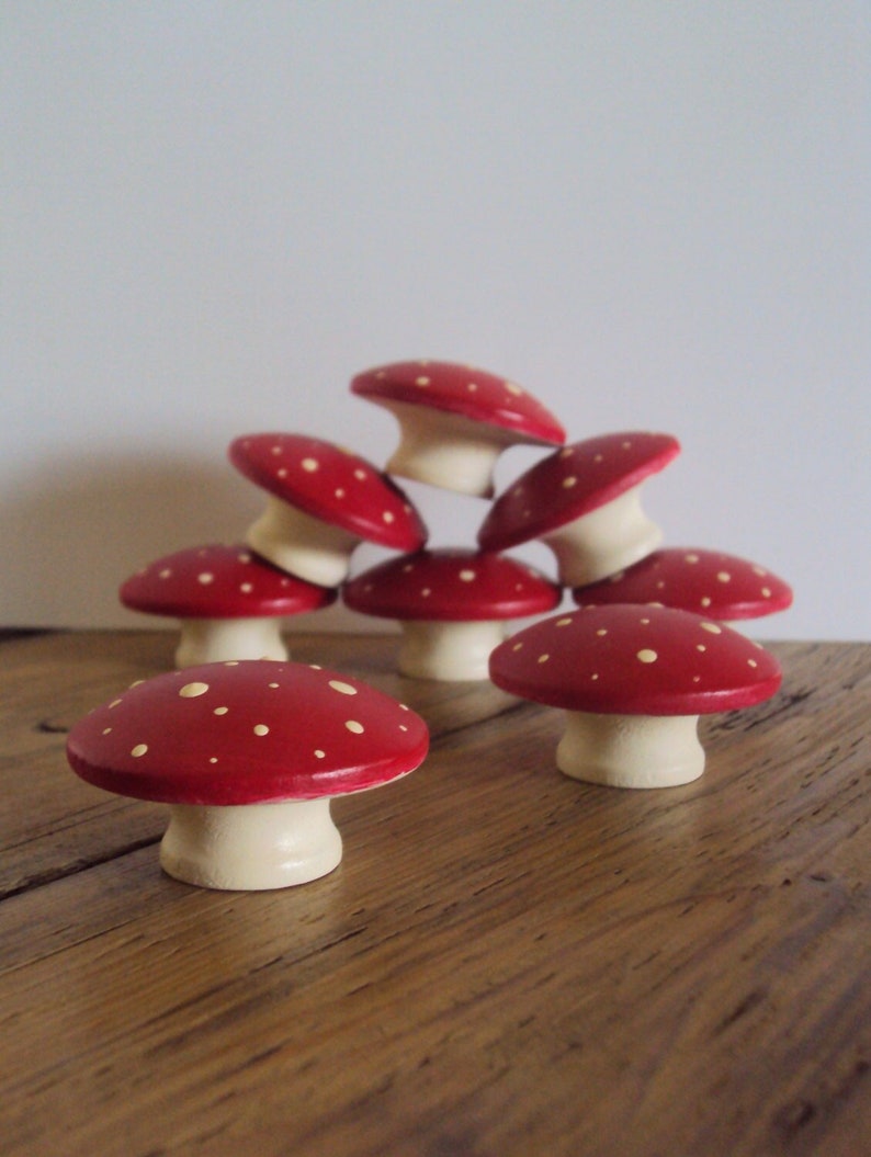 Hand Painted Mushroom Furniture Knobs Wooden Dresser Drawer Knob Decorative Fairy Door Knob Wood Polka Dot Cupboard Knob 1 3/4 Knob image 1